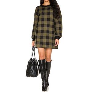 LPA Checkered Long Sleeve Dress - Black and Olive